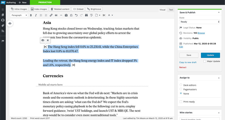 Colour-coded workflows and custom flags let digital and print editors know when content is ready for them to work on.
