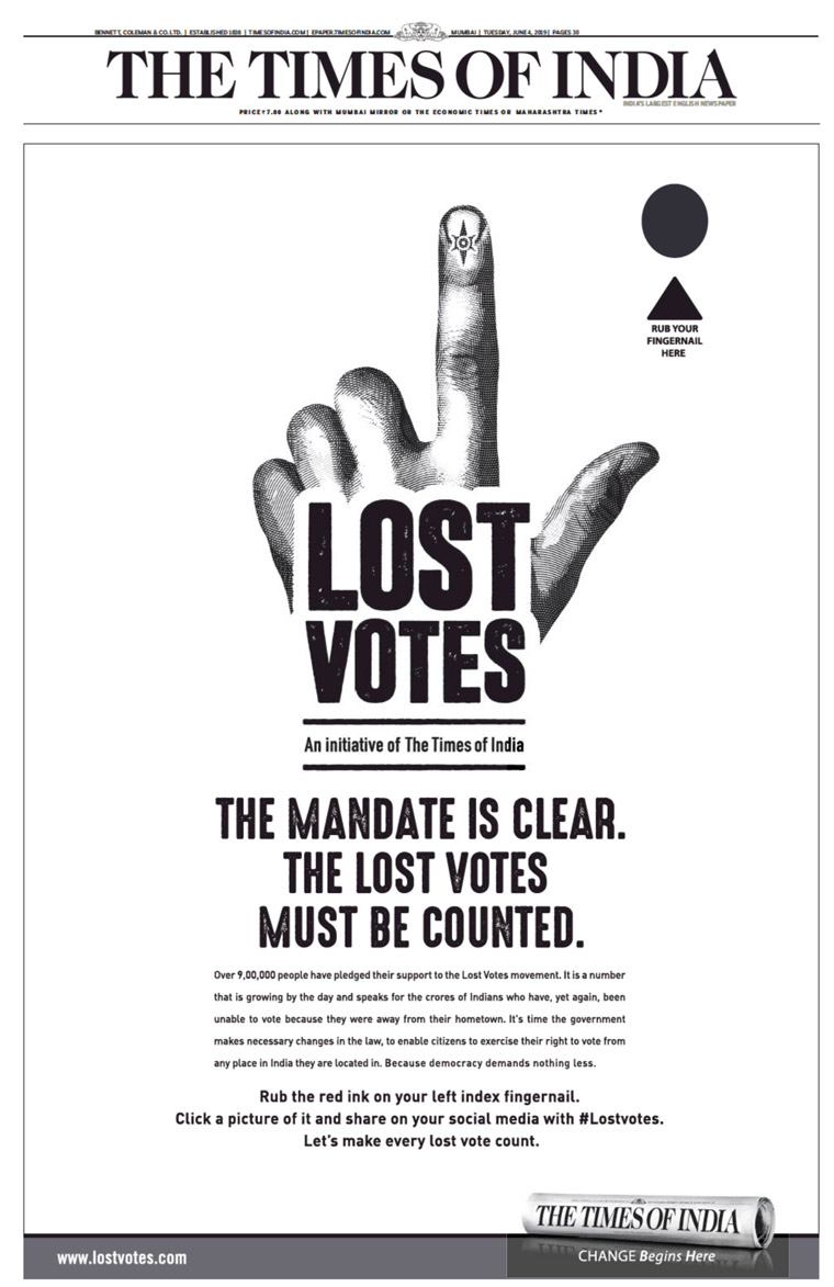 An innovative print ad asked readers to rub the red ink from the paper onto their finger and share a picture on social media to show solidarity.
