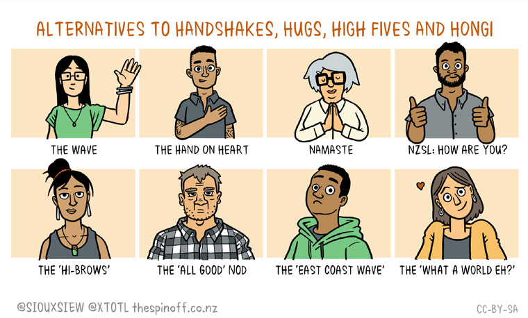 An illustration showing alternatives to handshakes and hugs was also popular.