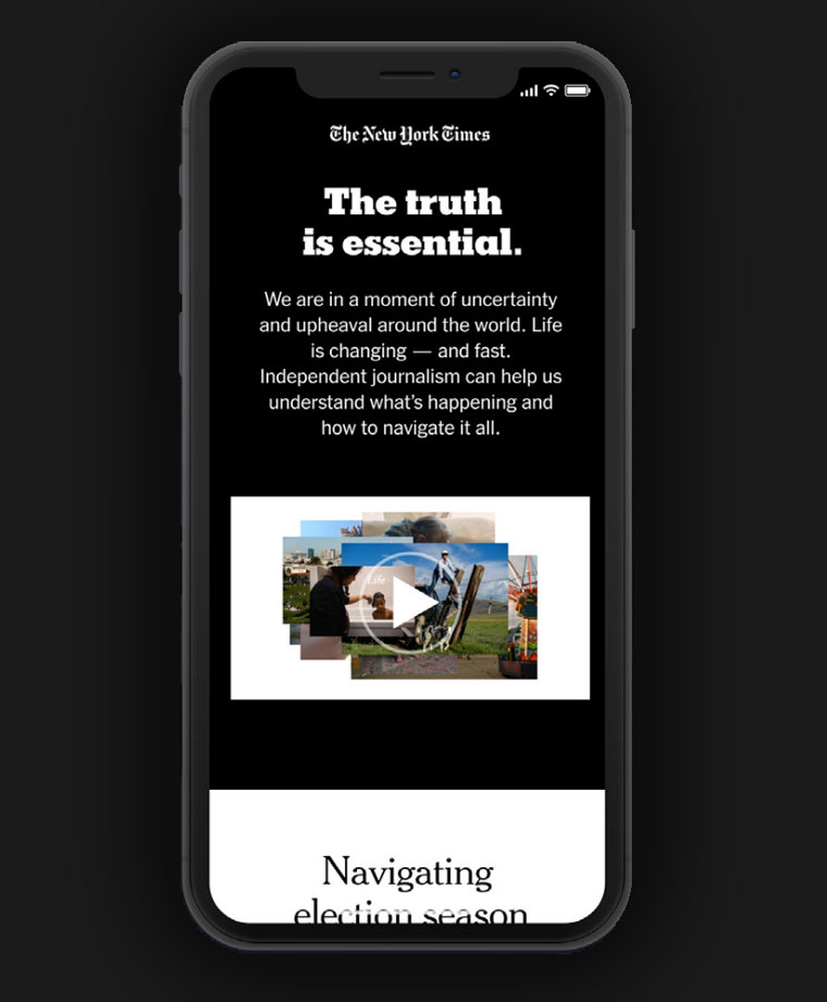 Mobile and desktop landing pages illustrated how journalists were covering a rapidly changing world.