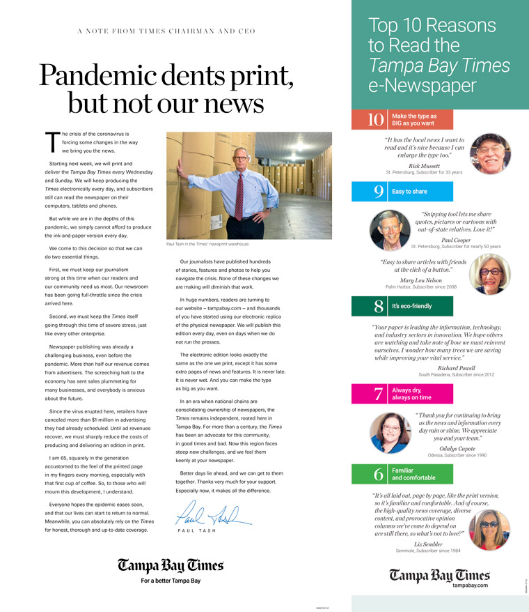 An ad in the Tampa Bay Times explains it reduction of print days.