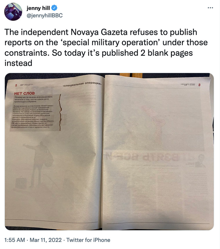 The print edition of Novaya Gazeta leaves a blank page as a reminder that it is not able to freely report the news.