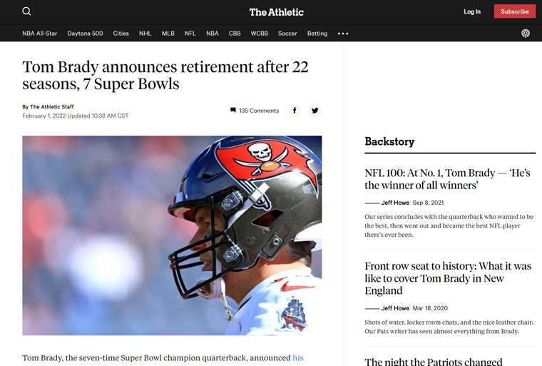 Adding live coverage, such as Tom Brady's retirement announcement, has helped boost traffic for The Athletic.