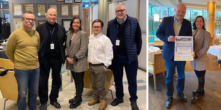 Left photo: Oksana Brovko visiting the newsroom of Poland’s Gazeta Wyborcza. Its foundation has set up the Ukrainian Media Fund in collaboration with Scandinavian news media associations and media groups. Pictured from the left: the newspaper’s deputy editor Roman Imielski, the foundation board member Piotr Stasinski, Oksana Brovko, the lead of Ukrainian Media Fund Jaroslaw Slizewski and the deputy editor Jaroslaw Kurski. Right photo: Thomas Mattsson of Sweden’s Bonnier News rallied Scandinavian news media associations and media group to support the Ukrainian media through associations, such as Oksana Brovko’s AIRPU. Thomas is holding a front page of a local newspaper RIA in Vinnytsia with a thank you message to Ukrainian Media Fund and its supporters, such as Bonnier News.