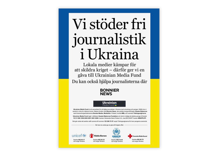 The full-page advertisement in Swedish newspapers published by Bonnier News asking readers to support Ukrainian journalists and others through Ukrainian Media Fund and charities.