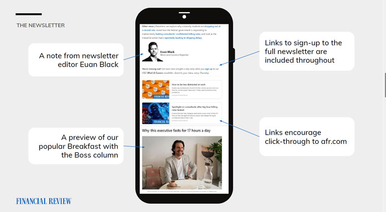 The newsletter provides LinkedIn readers with multiple opportunities to connect to the AFR.com Web site.