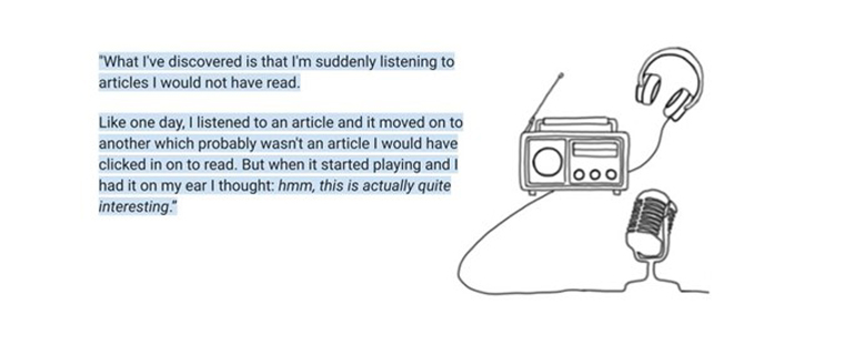 Users are surprised to learn that they will listen to articles they would probably not have read. Illustration by Kaya Isabella Sammerud Maraz