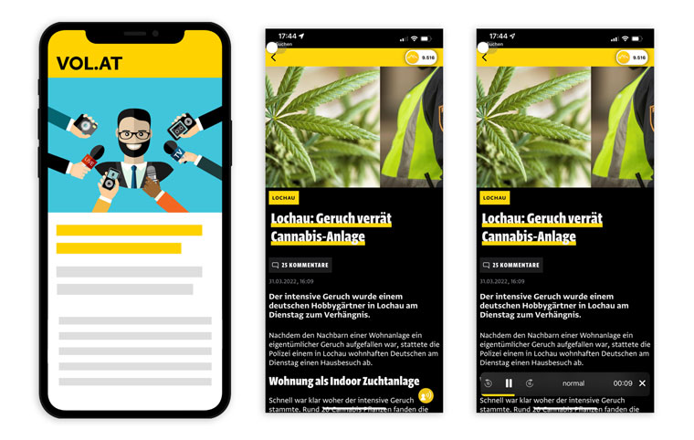 The VOL.AT app gives users the option of reading articles or having the stories read to them.
