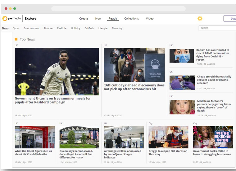 Explore's Ready feature shows the content from PA's digital feeds.