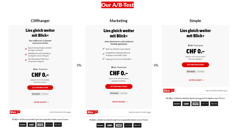 Different versions of our A/B/C test.