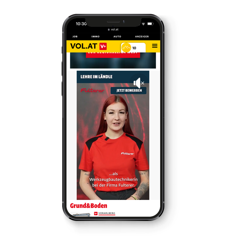 The innovative campaign allows for the placement of up to 30-second apprenticeship search videos prominently on the homepage of VOL.AT.