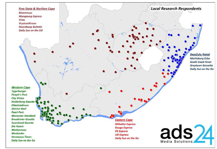 To ensure an even spread of regional coverage across all Media24 local news titles, respondents’ locations were captured and geo-coded to indicate on a national coverage map.