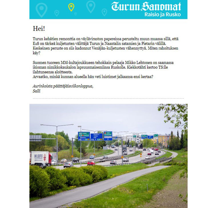 An example of one of the newsletters Turun Sanomat created as part of the Facebook Accelerator programme.