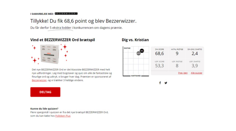 Prizes in the daily drawing ranged from a copy of a Bezzerwizzer board game to a one-year digital subscription to Politiken.