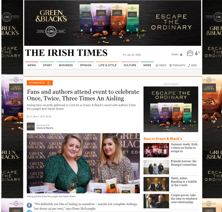 Live events sold out quickly and were covered in The Irish Times, along with Green & Black's branding.