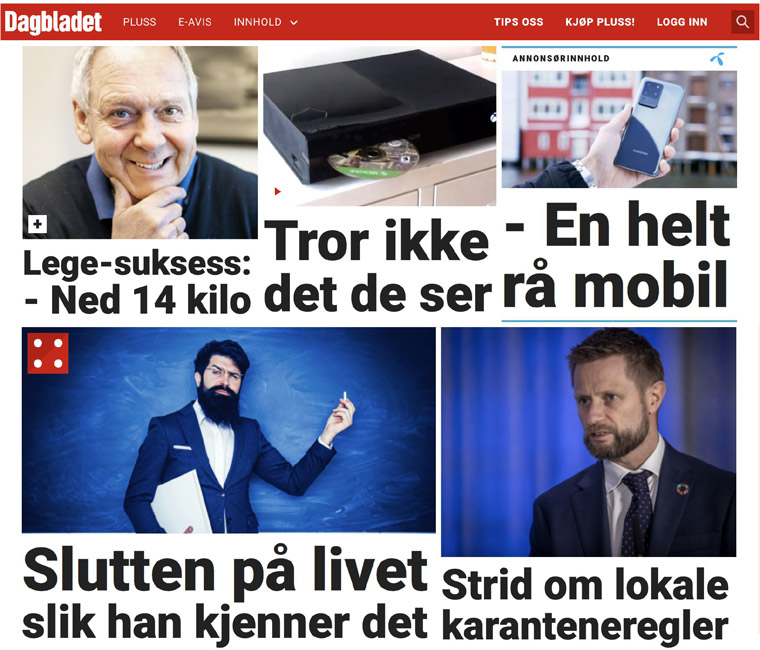 Screenshot of personalised content from Xavier on the frontpage of Dagbladet.no.