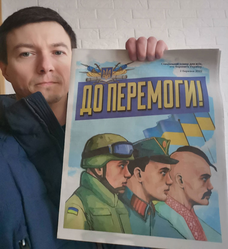Oleg Horobets, CEO of RIA Media, with a special print edition of his newspaper headlined “To the victory,” Vinnytsia, March 3.