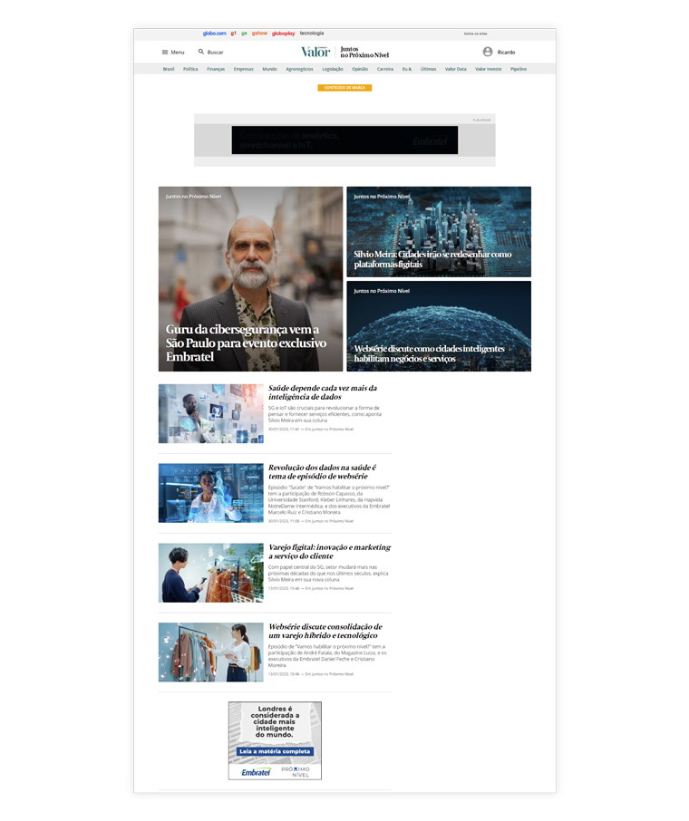 Branded content produced for Embratel by G.lab is presented on a personalised Web site, “Together on the Next Level.”