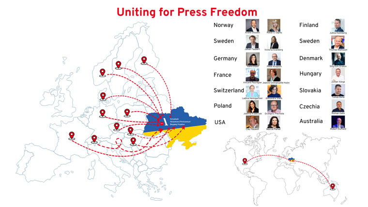 Twenty-one media managers from 13 countries joined as ambassadors, leading efforts and organising support to uphold press freedom and ensure the survival of independent journalism in Ukraine.