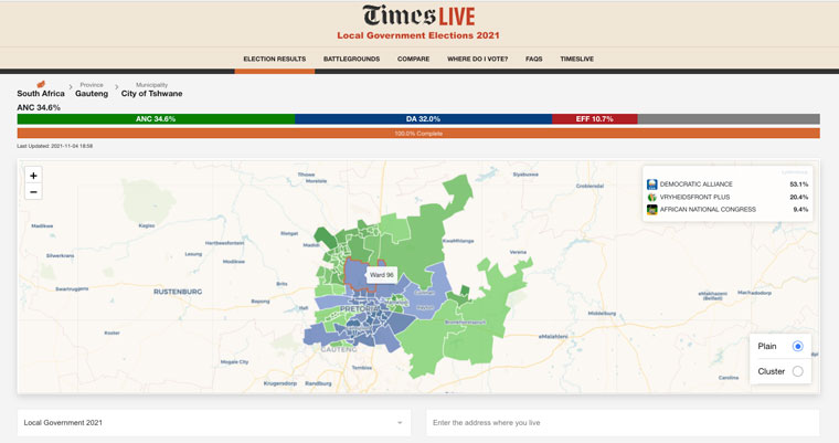 The real-time battlegrounds view proved very popular among TimesLIVE readers as votes were being counted.
