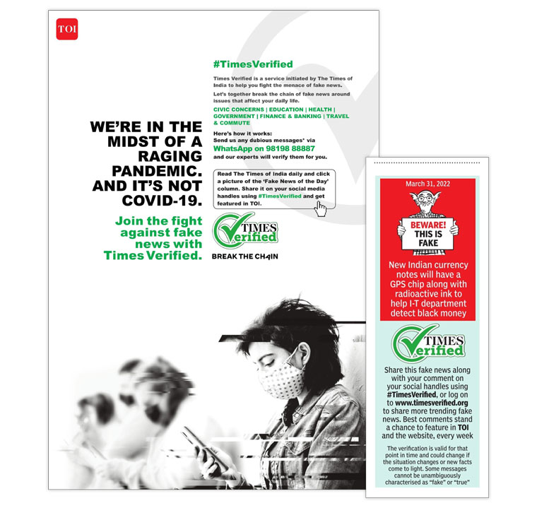 Print ads explained the #TimesVerified campaign to help combat the problem of fake news.