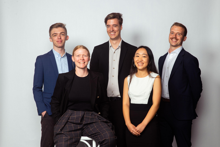 The Sydney Morning Herald's 2022 group of trainee reporters were the first to take on the newsroom's updated approach to journalism. Pictured are Anthony Segaert, Billie Eder, Angus Dalton, Millie Muroi, and Angus Thomson.
