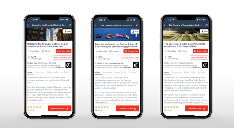 The first three tours — Financial District architecture, Golden Gate Park, and the Castro District — are written to appeal to tourists and locals. 