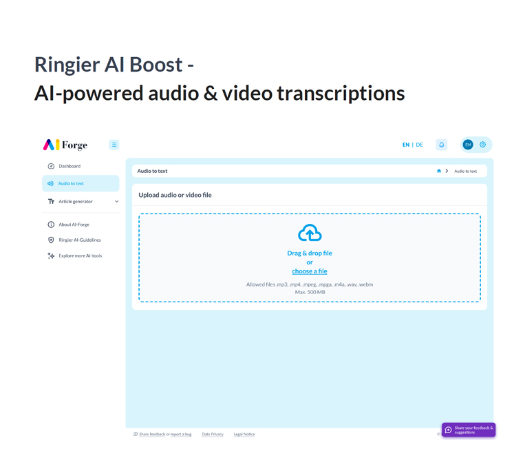 Ringier's cutting-edge AI-powered audio and video transcription service provides unparalleled accuracy in converting speech to text.