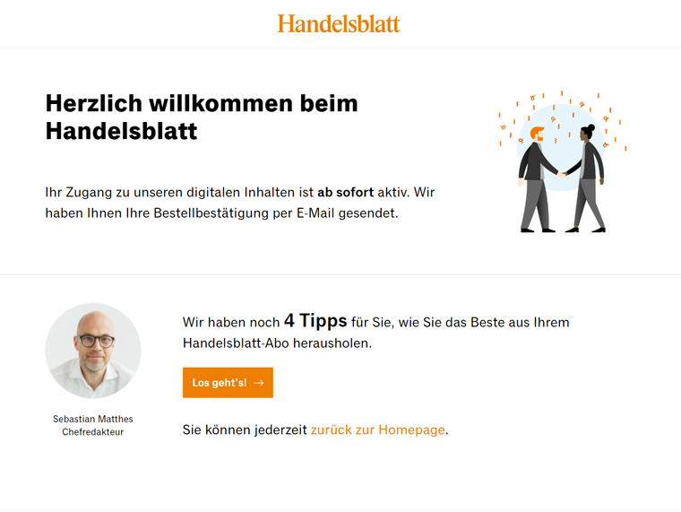 Handelsblatt created a new welcome page with optional onboarding offering tips on how users can get the most out of their subscription.