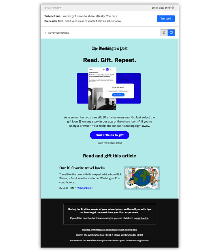 A custom e-mail footer sets expectations around message cadence and highlights the ability to opt out at any time.