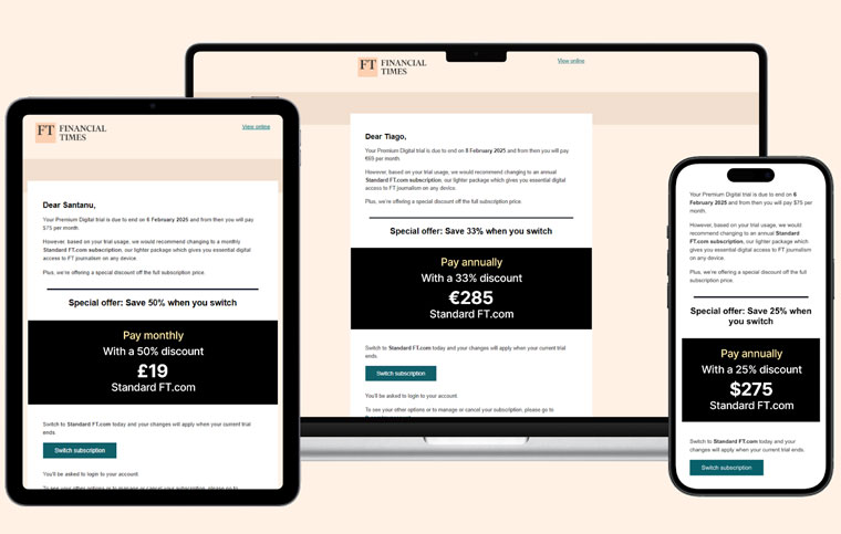 Personalised products, payment terms, and offers are recommended by an AI model and then sent to high-risk trialists before they churn.