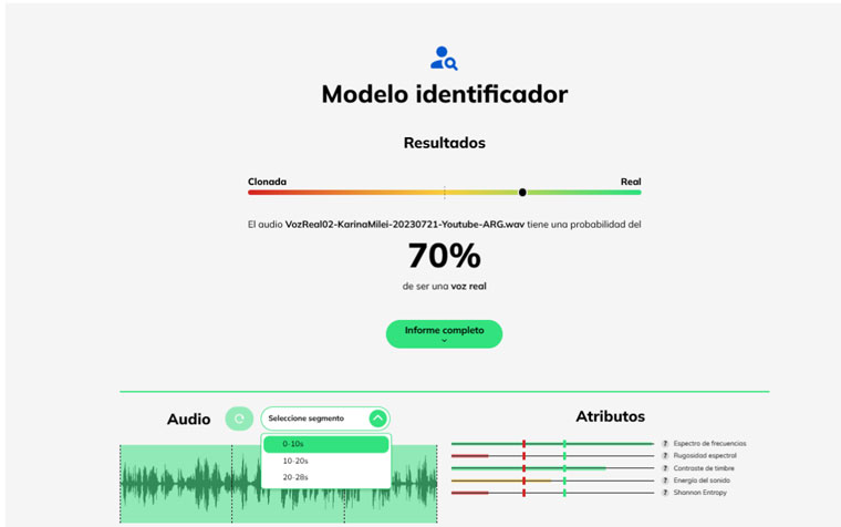 VerificAudio’ssecond functionality, known as the identifier model, segments an audio to analyse its physical characteristics to determine whether it corresponds to a synthetic or a human voice.