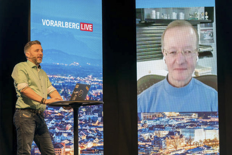 Guests such as Tamiflu creator Norbert Bischofberger from California appear via Zoom.