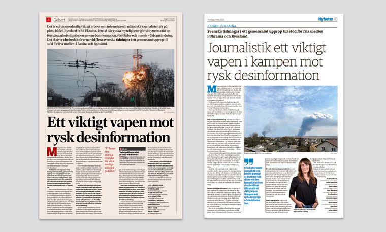 On March 4, 71 Swedish newspapers published a statement showing their support for Ukraine.
