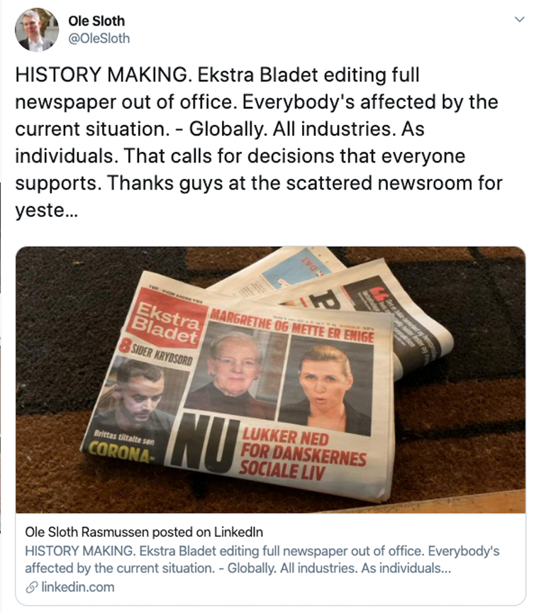After being affected by COVID-19, Ekstra Bladet edited a full edition of its newspaper out of office.