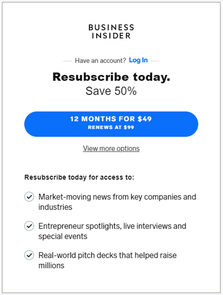 Insider created two versions of the paywall: a single offer for an annual subscription and a three-offer version with monthly, annual, and two-year options.