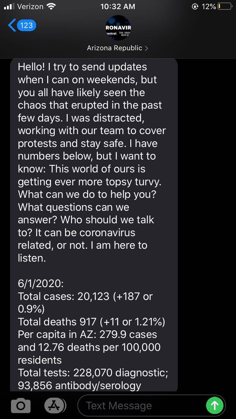 Readers of Arizona Republic in Phoenix, Arizona, United States, can sign up to get texts on the latest information on the coronavirus.