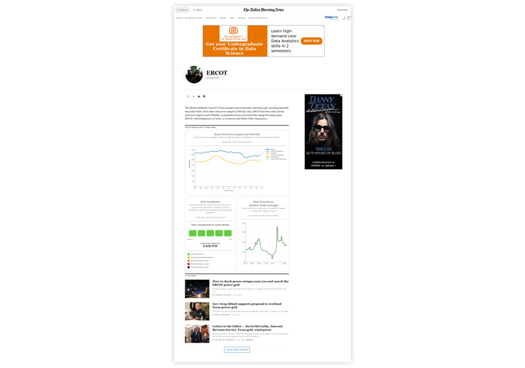 The company page for the Electric Reliability Council of Texas (ERCOT) is one of the most successful examples of how readers are accessing additional information.