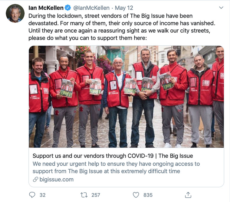 Sir Ian McKellen was one of many celebrities who Tweeted about The Big Issue campaign during COVID lockdown.