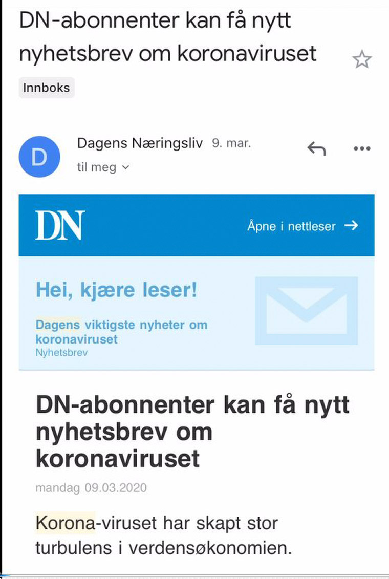 A pop-up newsletter kept readers up to date on how coronavirus was affecting Norwegian businesses.