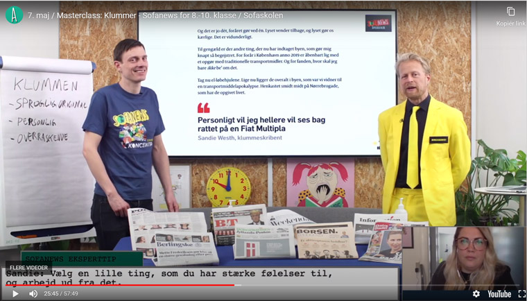 Sofanews joins a journalist with a teacher for each episode. A featured guest also appears via video.