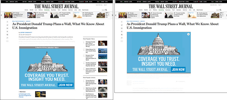 As part of the new model, 95% of prospective members now see introductory offers when reading a WSJ.com article — whether they visit the site directly (left) or access an article via social (right).