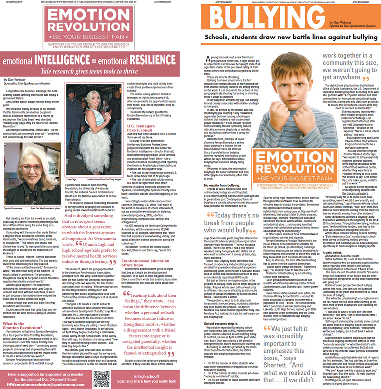 Each spread focused on a different “emotional IQ” topic, without directly focusing on the topic of suicide. The goal was to reach teens, and others struggling emotionally, with messages of hope and help.