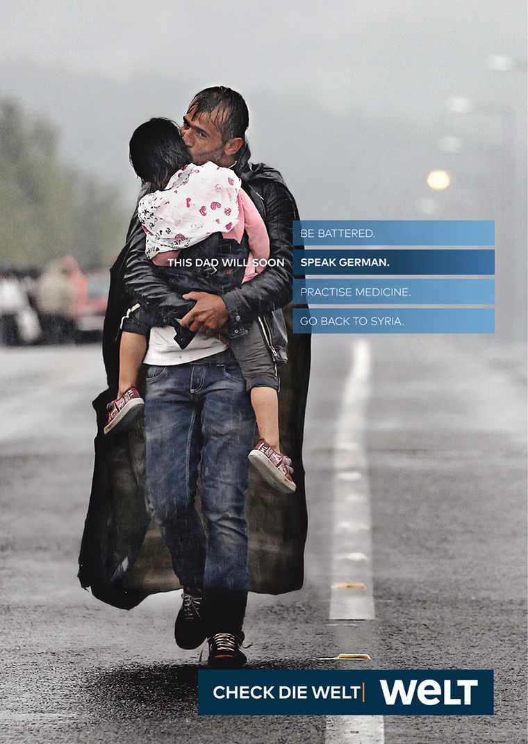 Welt used powerful images, like this Pulitzer Prize-winning image of a Syrian refugee and his daughter, with four possible headlines to choose from, demonstrating the complexity of world issues and need for quality journalism.