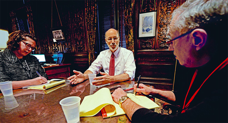 Caucus reporters Paula Knudsen and Brad Bumsted meet with Pennsylvania Governor Tom Wolf.