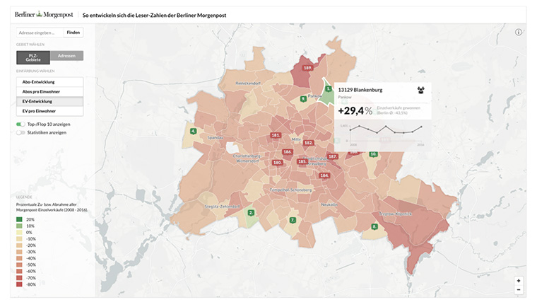 The Berliner Morgenpost interactive reader map is an inter-departmental analysis tool for the newsroom, sales, and marketing.