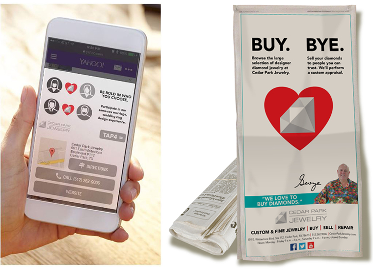 The diamond-within-a-heart emblem was constant throughout all three of the emoticon ad campaigns for Cedar Park Jewelry.