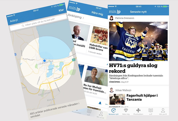 Screenshots of the Hallpressen "Near me" stream on its news app shows how readers can customise their news experience.