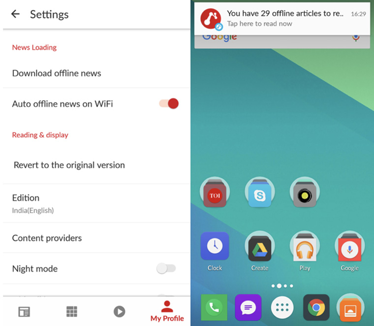 The app by News Republic India allows for offline reading of articles — a huge plus for readers who experience spotty Internet connections on their mobiles.