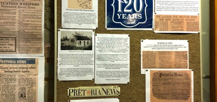 The #PretoriaNews120 project had an unintended consequence: a partnership with the main public library in Pretoria, which put up this display from their own documents.